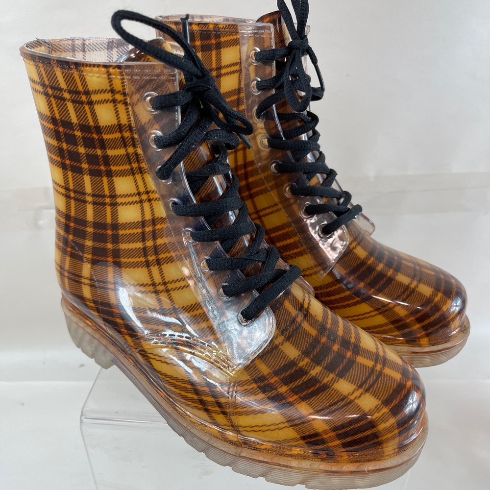 Henry Ferrera brown gold plaid ankle rain boots 9